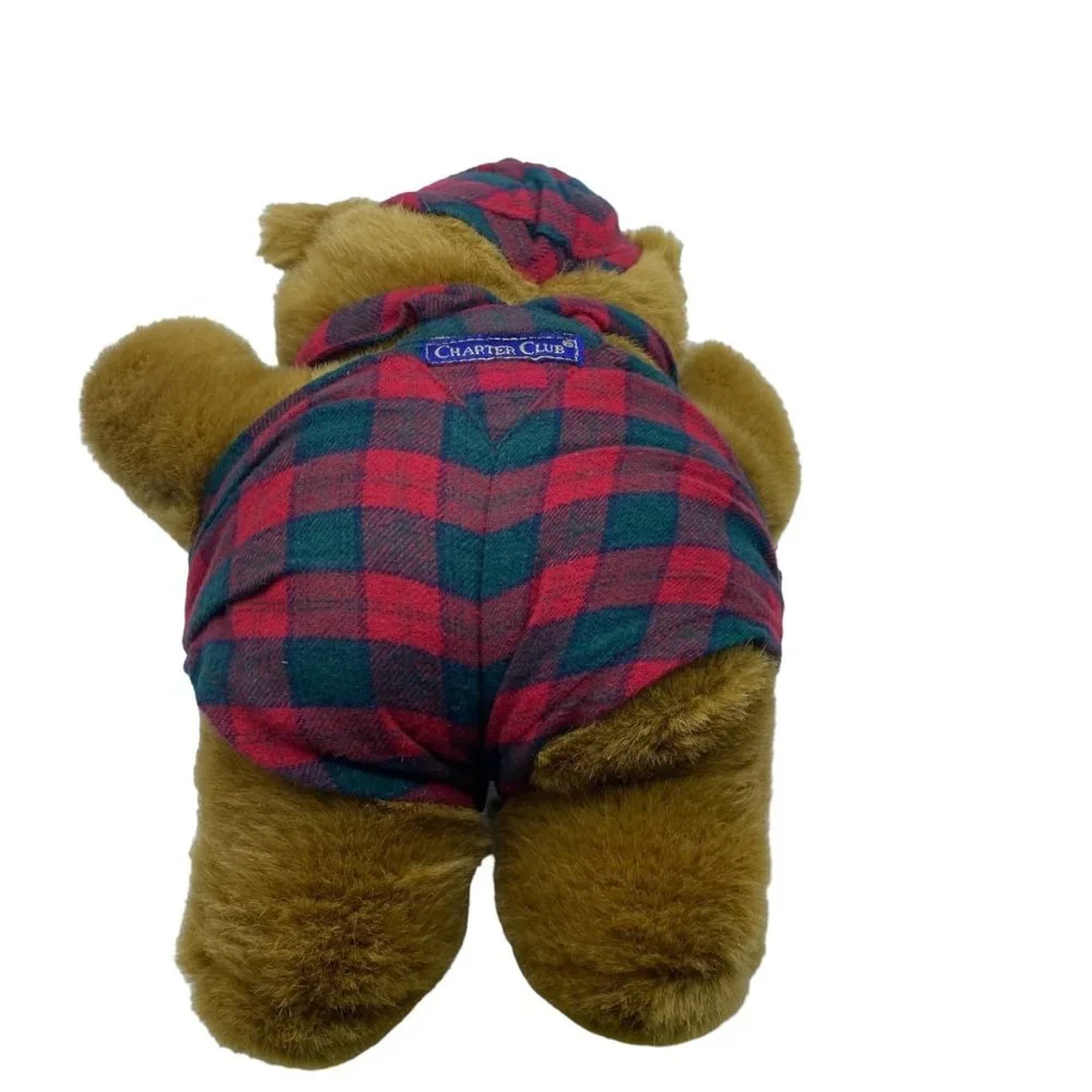 Rare Charter Club Macy’s Plaid Overalls Bow Tie‎ Stuffed Animal Teddy Bear Plush